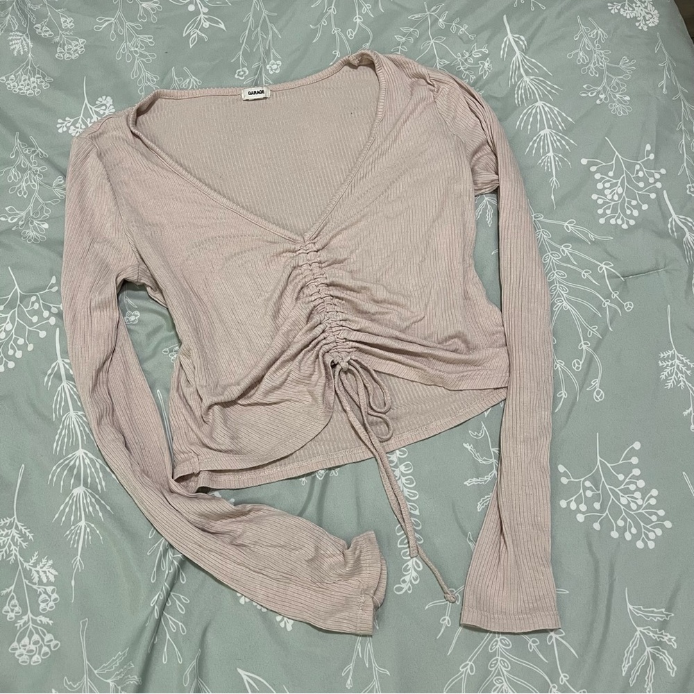 Garage Ruched V-Neck Long Sleeve Top - Light Pink